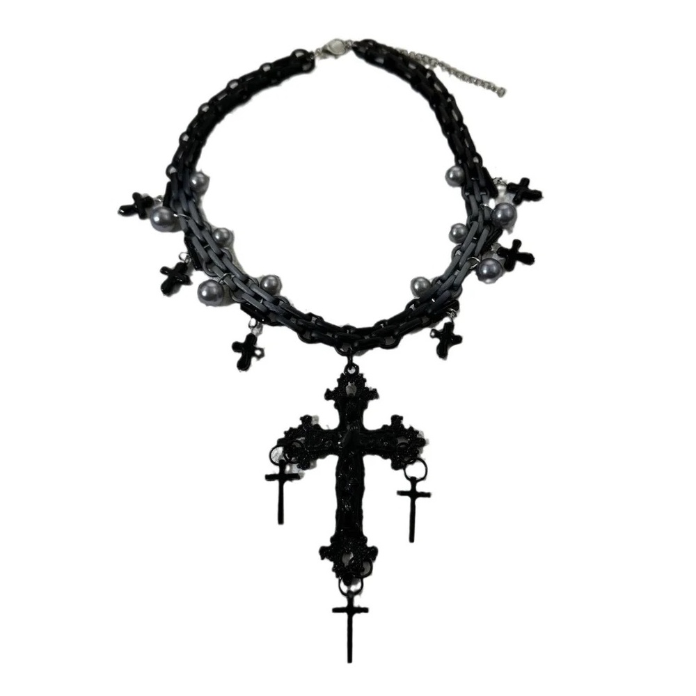 Gorgeous Gothic Black Gunmetal Grey Chain Grunge Cross Layered Necklace